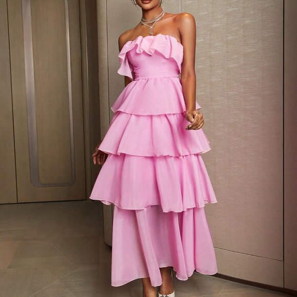 Pink Preppy Women's Ruffle Evening Tube Dress For Cocktail Party - Picture 4 of 5